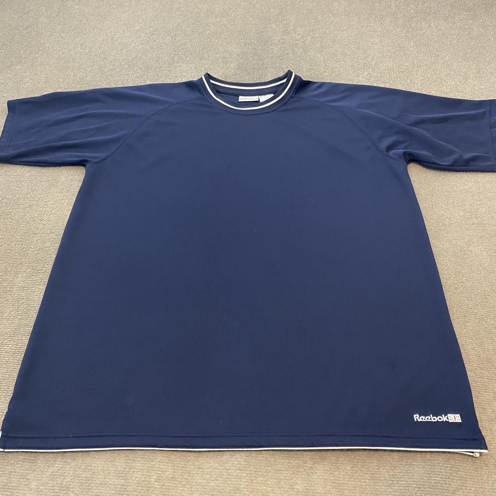 VTG Reebok Shirt Mens 2XL Blue Y2K Athletic Performance Crewneck Ringer Tee